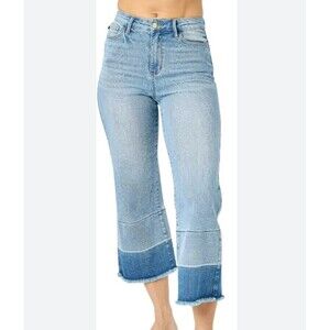 Judy Blue High-Rise Cropped Wide Leg Jeans 13/31 Blue Cotton Blend Raw Hem